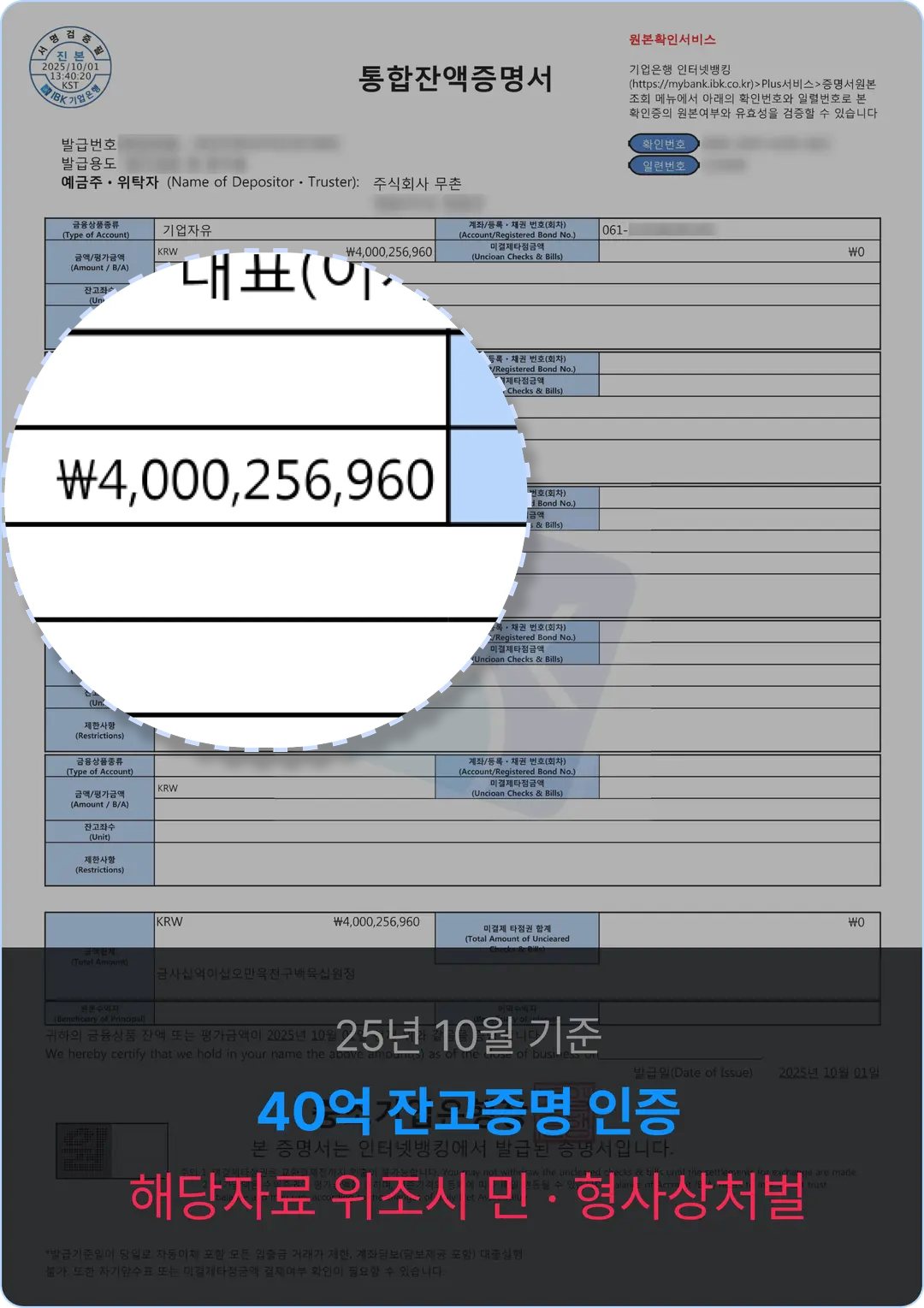 무촌철거 40억 잔고증명 이미지